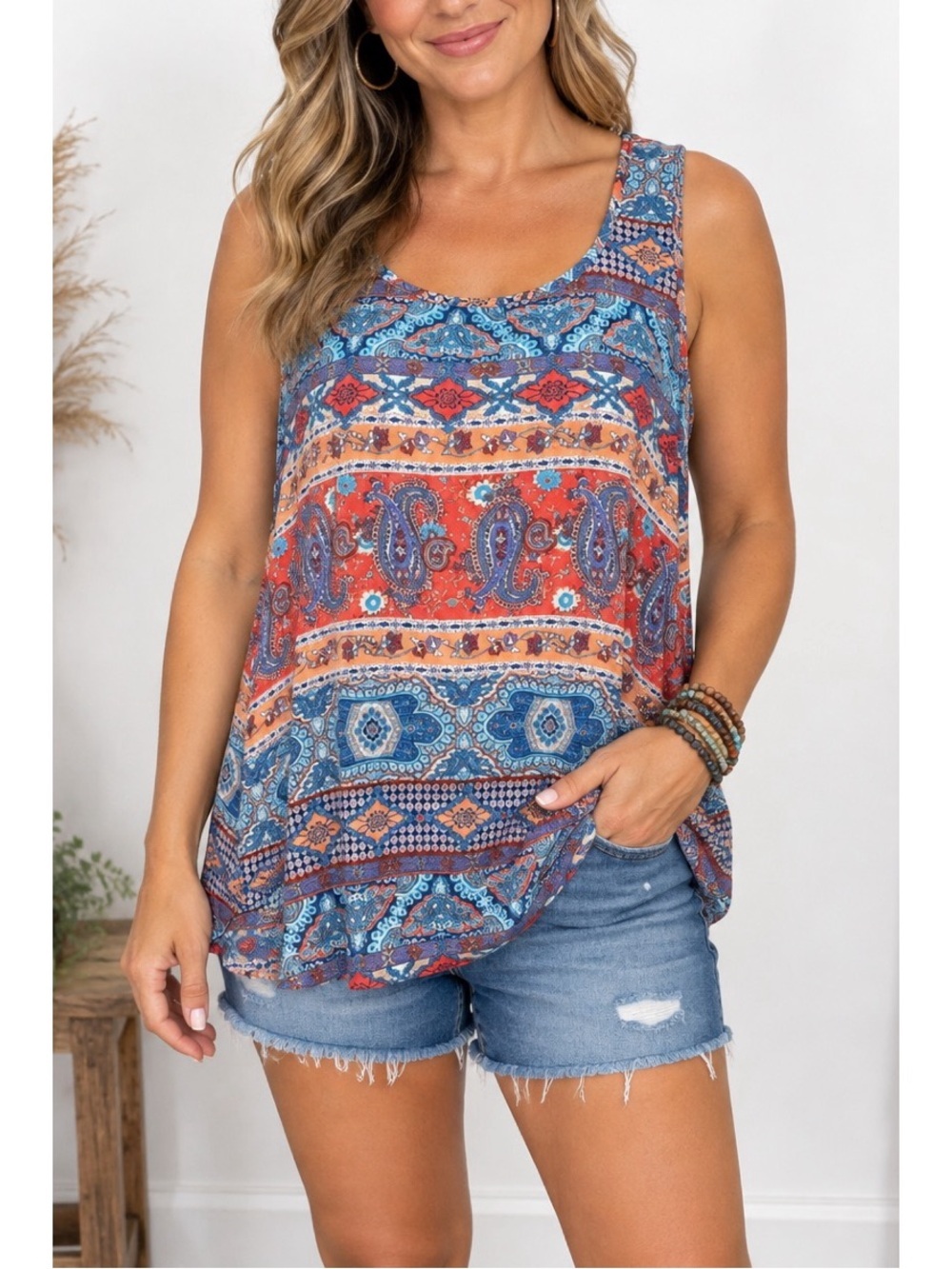 Hippie Rose Boho Paisley Print Sleeveless Top – Size Medium 🧡💙
